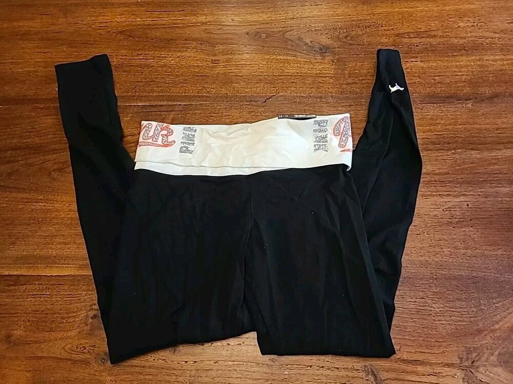 BLING Victoria Secret Pink Black SEQUIN LOGO FOLDOVER YOGA LEGGING PANT XS